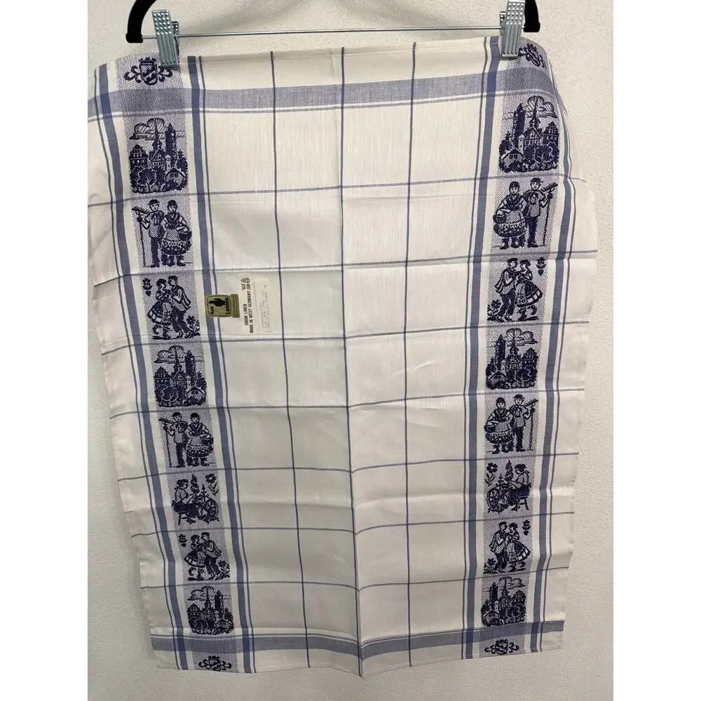 Vtg Blue White German Folk Theme Design Linen Kitchen Tea Towels Grandma Core